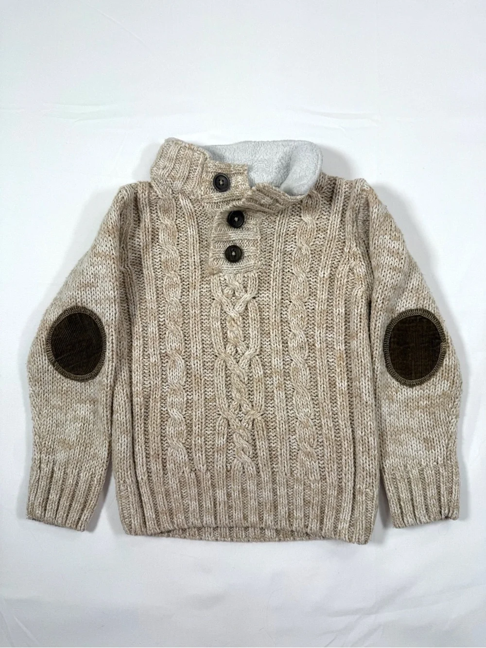 LITTLE LAD Boys Cable Knit Sweater Size 24M Oatmeal Sherpa Elbow Patch Grandpa